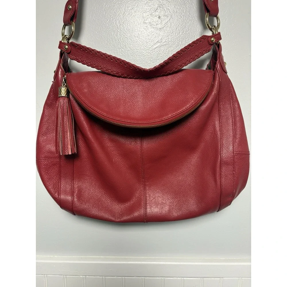 ONNA EHRLICH RACHEL Red Pebbled Leather Large Hobo Bag Purse Tassle Designer Zip